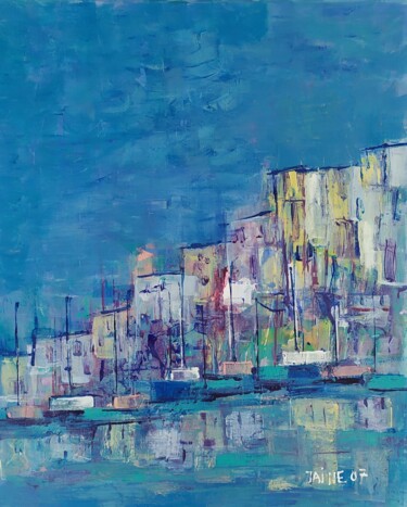 Painting titled "LE PORT" by Monique Rouquier (Jaine M), Original Artwork, Acrylic Mounted on Wood Stretcher frame