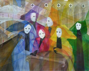 Peinture intitulée "Masques au Pont des…" par Monique Tackels, Œuvre d'art originale, Huile