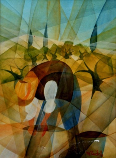 Schilderij getiteld "Cueillette des oliv…" door Monique Tackels, Origineel Kunstwerk, Olie