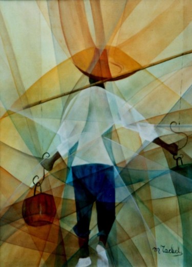 Schilderij getiteld "porteur d'eau" door Monique Tackels, Origineel Kunstwerk, Olie