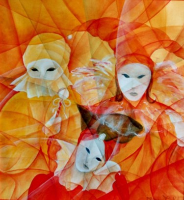 Painting titled "Masques" by Monique Tackels, Original Artwork, Oil