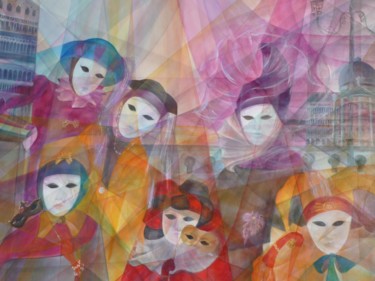 Peinture intitulée "Masques à Venise" par Monique Tackels, Œuvre d'art originale, Huile