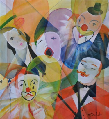 Painting titled "Cirque et ballons" by Monique Tackels, Original Artwork, Oil