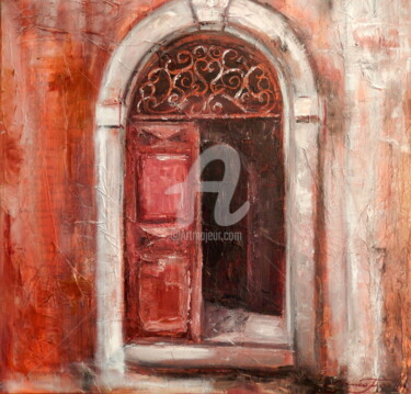 Painting titled "la porte rouge" by Monique Yenco Fusella, Original Artwork, Oil
