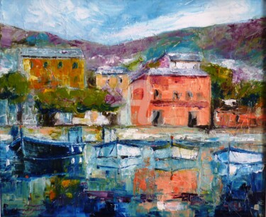 Malerei mit dem Titel "le village de pêche…" von Monique Yenco Fusella, Original-Kunstwerk