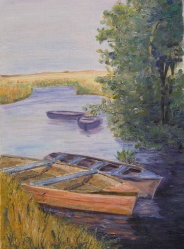 Painting titled "Barques en Brière" by Monique Blons Baudouin, Original Artwork