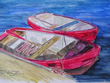 Peinture intitulée "Barques rouges à Mo…" par Monique Blons Baudouin, Œuvre d'art originale