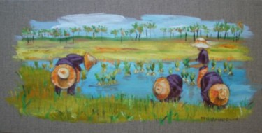 Peinture intitulée "Planteurs de riz" par Monique Blons Baudouin, Œuvre d'art originale