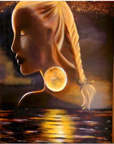 Peinture intitulée "La Lune et le rêve…" par Monique Corbeau (La Galerie de MO), Œuvre d'art originale, Huile Monté sur Châs…