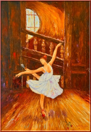 Painting titled "La ballerine II" by Monique Laville, Original Artwork, Oil Mounted on Wood Stretcher frame