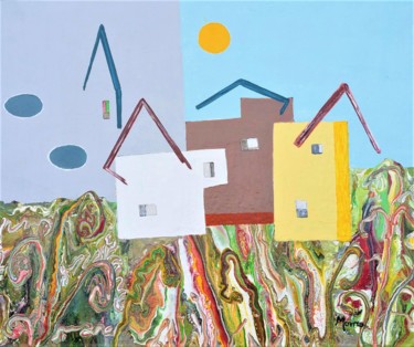 Картина под названием "Un village fleuri" - Monro, Подлинное произведение искусства, Акрил
