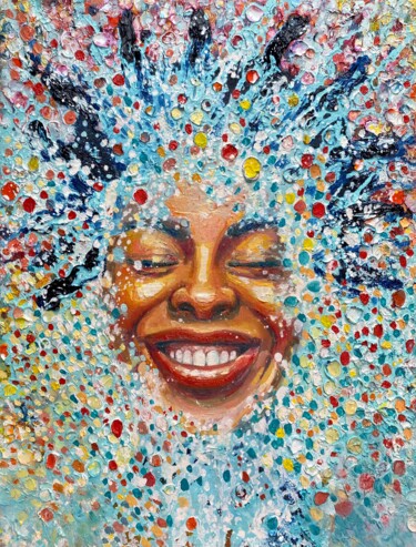 Abstract Face Black Smiling Woman oil impasto painting Peinture intitulée "Abstract Face Black…" par Julia Brinkfrau, Œuvre d'art originale, Huile