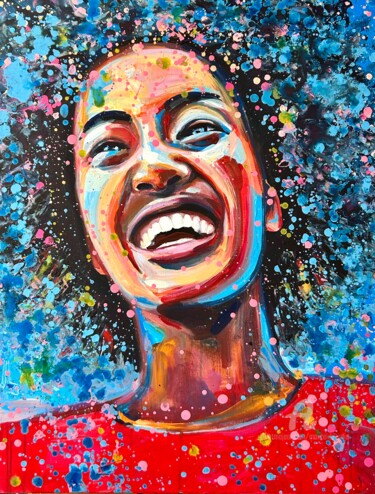 Colorful portrait black woman painting large canvas art Peinture intitulée "Colorful portrait b…" par Julia Brinkfrau, Œuvre d'art originale, Acrylique