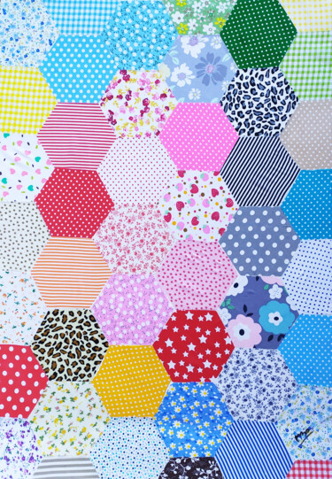 Arte tessile intitolato "Hexagon patchwork C…" da Montse Barberà Pujol, Opera d'arte originale, Collages
