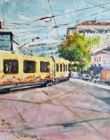 Peinture intitulée "Tram di Milano" par Montse Fabra, Œuvre d'art originale, Huile Monté sur Panneau de bois