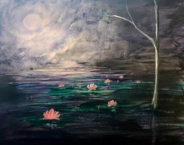 Painting titled "Night Lotus pond" by Karma Castilho, Original Artwork, Acrylic