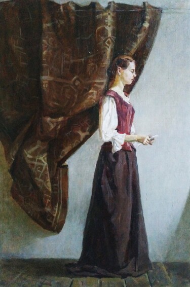 Painting titled "Girl with a letter" by Anna K, Original Artwork, Oil Mounted on Wood Stretcher frame