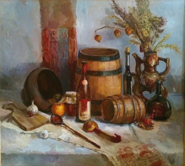 Malerei mit dem Titel "Натюрморт с бочками…" von Anna K, Original-Kunstwerk, Öl Auf Keilrahmen aus Holz montiert