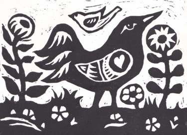 Gravures & estampes intitulée "blackbird" par Penny Wright, Œuvre d'art originale, Linogravures