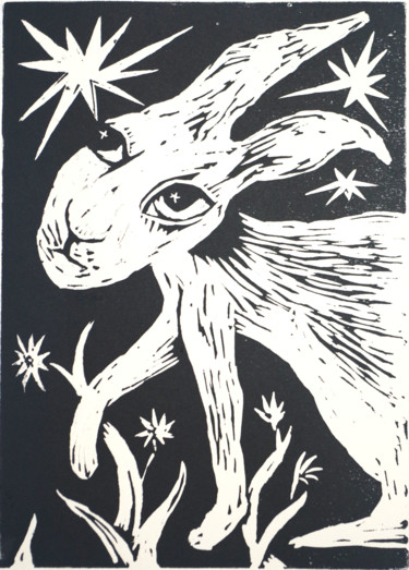 Printmaking titled "Stargazing hare" by Penny Wright, Original Artwork, Linocuts