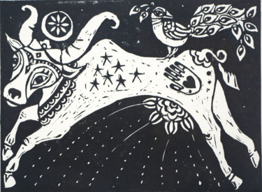 Gravures & estampes intitulée "The cow who jumped…" par Penny Wright, Œuvre d'art originale, Linogravures