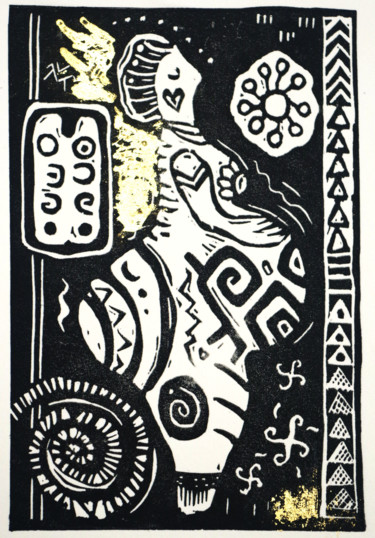 「Neolithic goddess II」というタイトルの製版 Penny Wrightによって, オリジナルのアートワーク, Linocuts