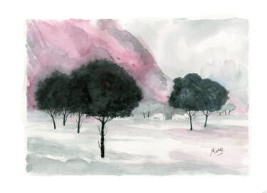 Pintura titulada "Montañas rosadas" por Mora Castela, Obra de arte original, Acuarela