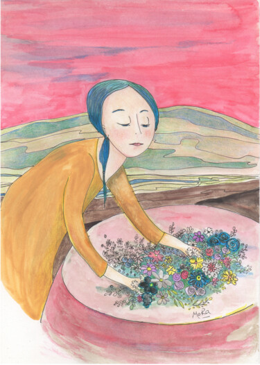Pintura intitulada "Mujer con flores" por Mora Castela, Obras de arte originais, Aquarela