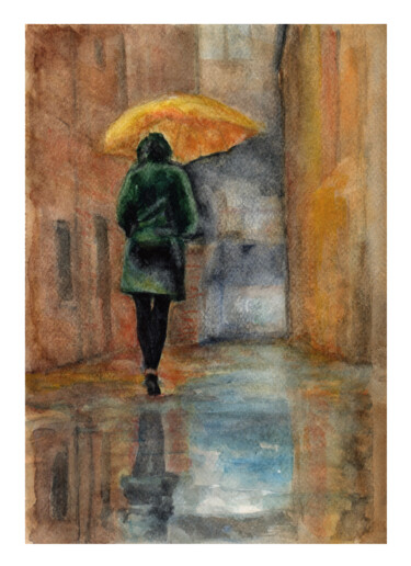 Painting titled "Bajo la lluvia" by Mora Castela, Original Artwork, Watercolor