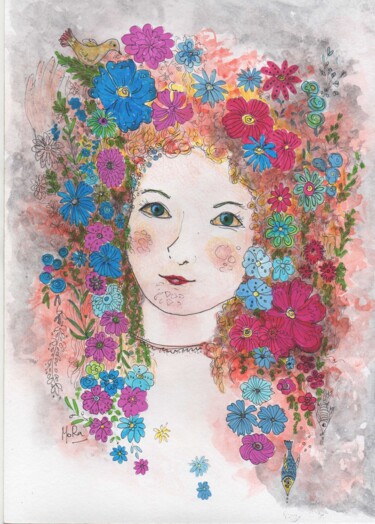 Pintura intitulada "La niña de las flor…" por Mora Castela, Obras de arte originais, Aquarela