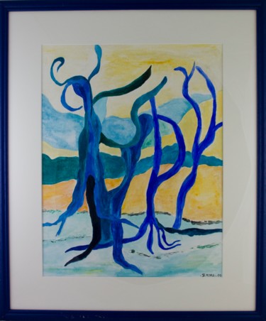 Peinture intitulée "Blues des arbres" par Bernadette Mora, Œuvre d'art originale, Gouache
