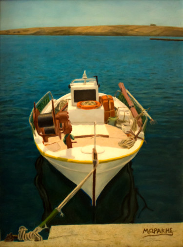 Pintura titulada "fish boat-1" por Morakisvang, Obra de arte original, Oleo Montado en Panel de madera