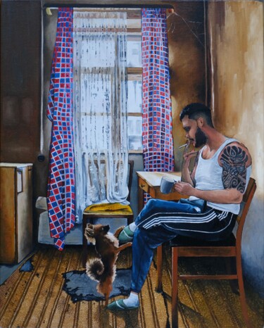 Malerei mit dem Titel "Autoportrait" von Moraru Vadim, Original-Kunstwerk, Öl Auf Keilrahmen aus Holz montiert