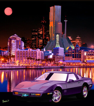 1990 Corvette ZR1 Under a Red Moon Arts numériques intitulée "1990 Corvette ZR1 U…" par Moreno Franco, Œuvre d'art originale, Aérographe
