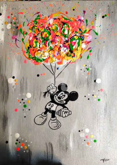 Painting titled "Mickey dans les airs" by Franck Moreno, Original Artwork, Acrylic Mounted on Wood Stretcher frame