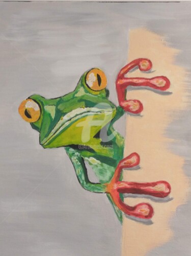 Painting titled "Grenouille" by Franck Moreno, Original Artwork, Acrylic Mounted on Wood Stretcher frame