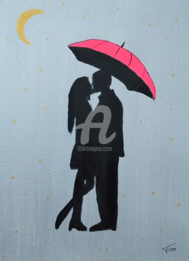 Painting titled "Couple parapluie" by Franck Moreno, Original Artwork, Acrylic Mounted on Wood Stretcher frame