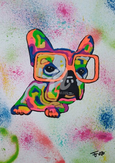 Painting titled "Chien lunettes" by Franck Moreno, Original Artwork, Acrylic Mounted on Wood Stretcher frame