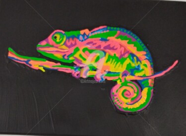 Painting titled "Caméléon fluorescent" by Franck Moreno, Original Artwork, Acrylic Mounted on Wood Stretcher frame