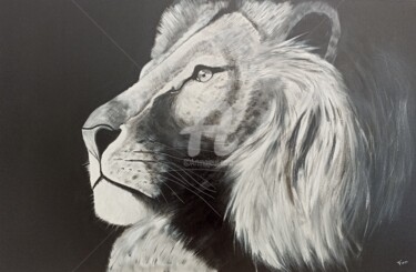 Painting titled "Portrait Lion" by Franck Moreno, Original Artwork, Acrylic Mounted on Wood Stretcher frame