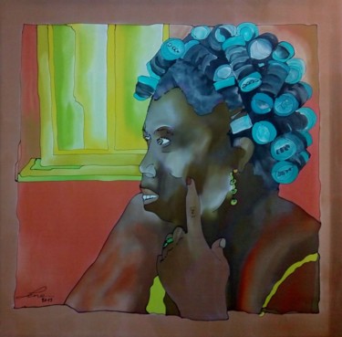 Schilderij getiteld "Ghanese" door Jean & Lene, Origineel Kunstwerk, Anders Gemonteerd op Houten paneel