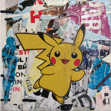 Collages intitolato "POKEMON - PIKACHU" da Morgan Paslier, Opera d'arte originale, Collages Montato su Altro pannello rigido