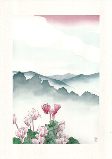 Schilderij getiteld "Les Cyclamens" door Morgane L'Eveque, Origineel Kunstwerk, Aquarel