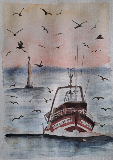 Peinture intitulée "Retour de pêche" par Morgane Mlynarczyk, Œuvre d'art originale, Aquarelle