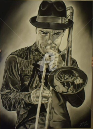 Drawing titled "le tromboniste" by M. Olivier, Original Artwork, Pastel