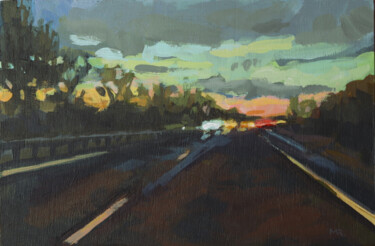 Painting titled "Evening Highway Lig…" by Morgane Raingeard, Original Artwork, Acrylic