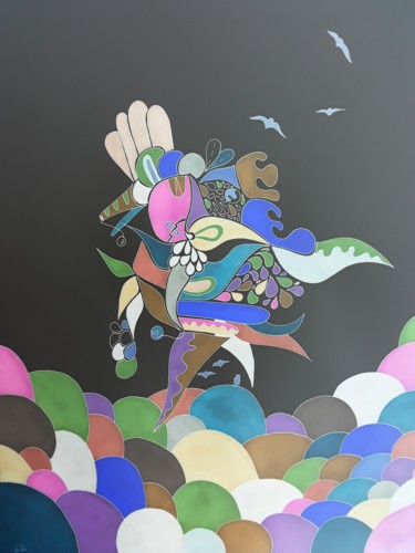 Dessin intitulée "Poule d'Avril" par Mo Wei, Œuvre d'art originale, Encre