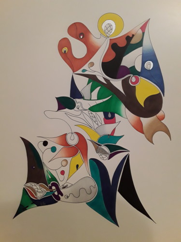 Dessin intitulée ""Le démasqué"" par Mo Wei, Œuvre d'art originale, Encre