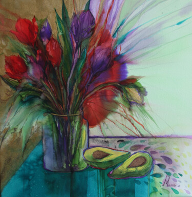 Картина под названием "натюрморт с тюльпан…" - Ирина Моргунова, Подлинное произведение искусства, Акварель