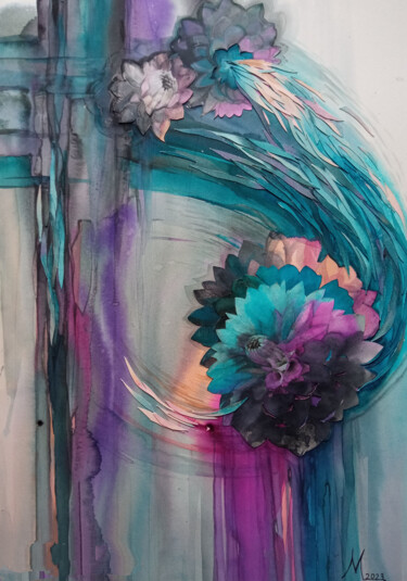 Картина под названием "коллаж с цветком1" - Ирина Моргунова, Подлинное произведение искусства, Акварель